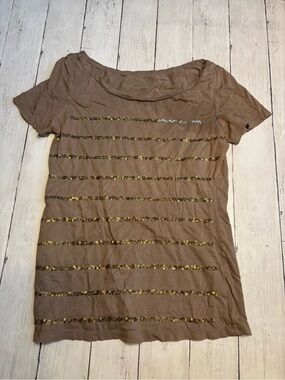 Old Navy Taupe Short Sleeve Sequin Stripe Tee